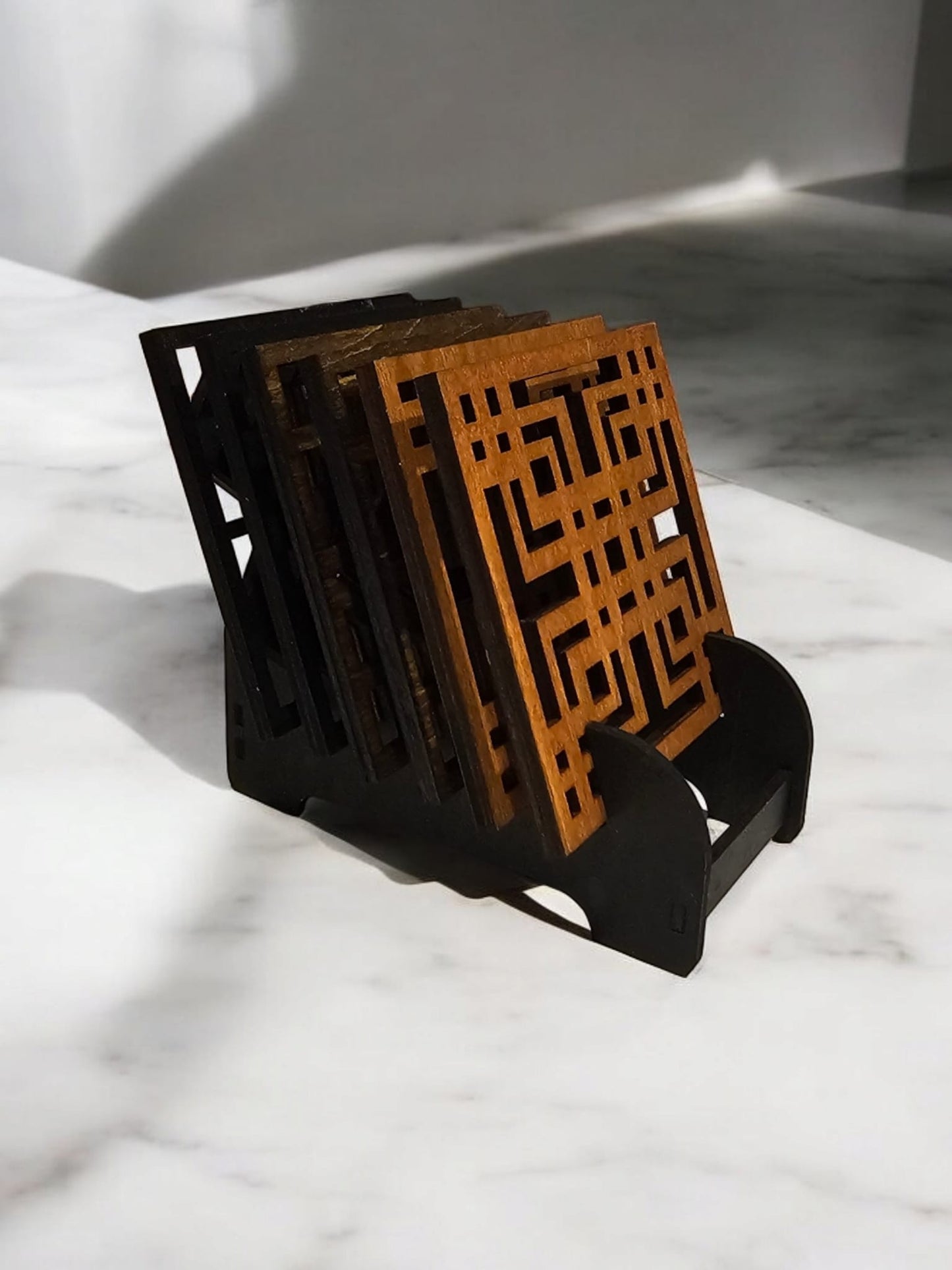 Geometric Elegance: Laser-Engraved Wooden Coaster Set