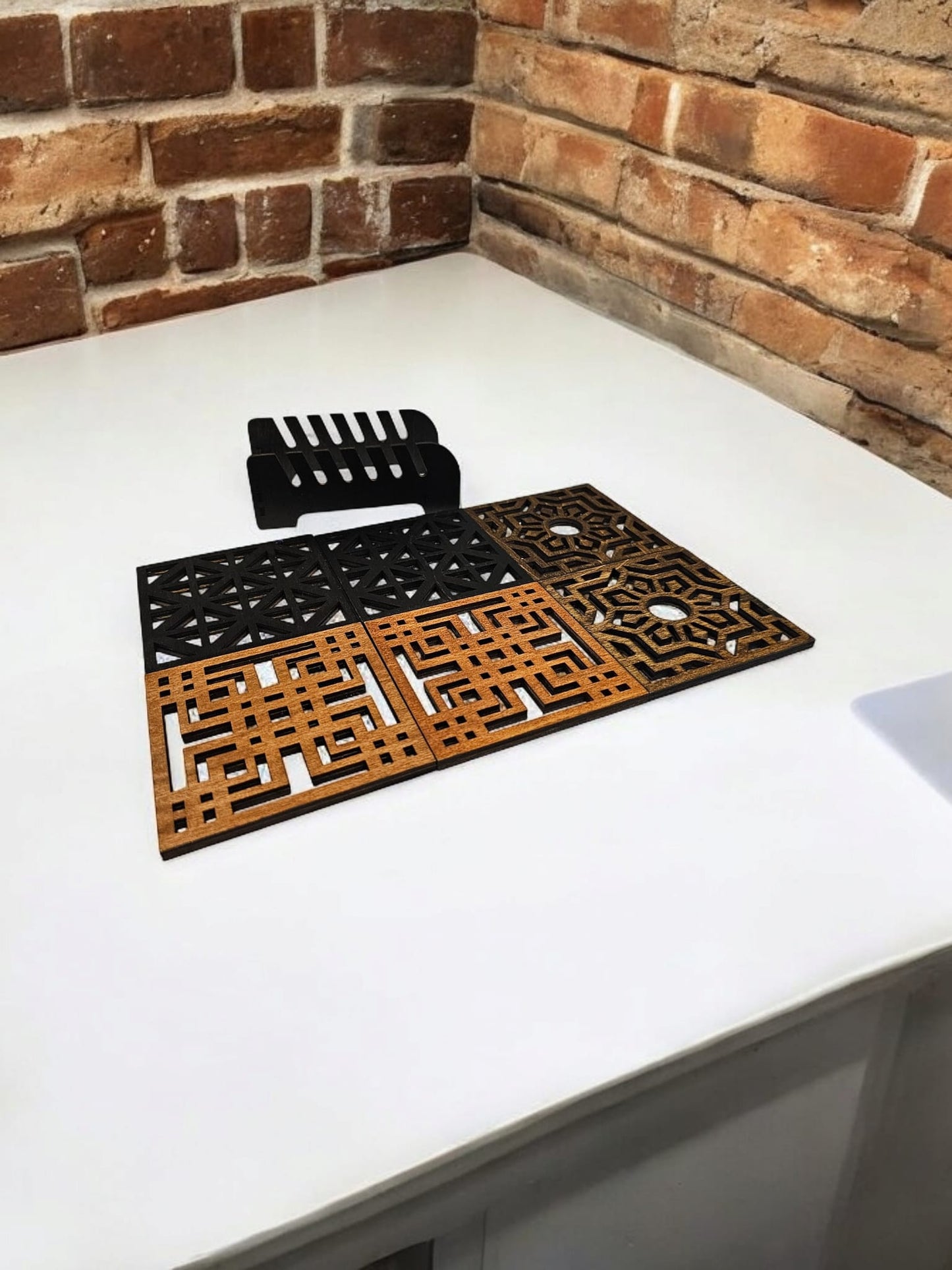 Geometric Elegance: Laser-Engraved Wooden Coaster Set