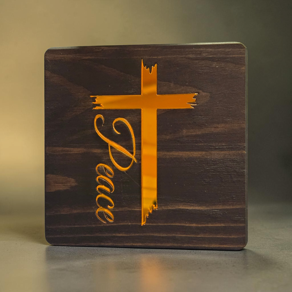 Gold Acrylic Cross Wood Coaster